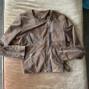Suede Leather Moto jacket Zippers Pockets and Sleeves Buckled sides Adjust sz S